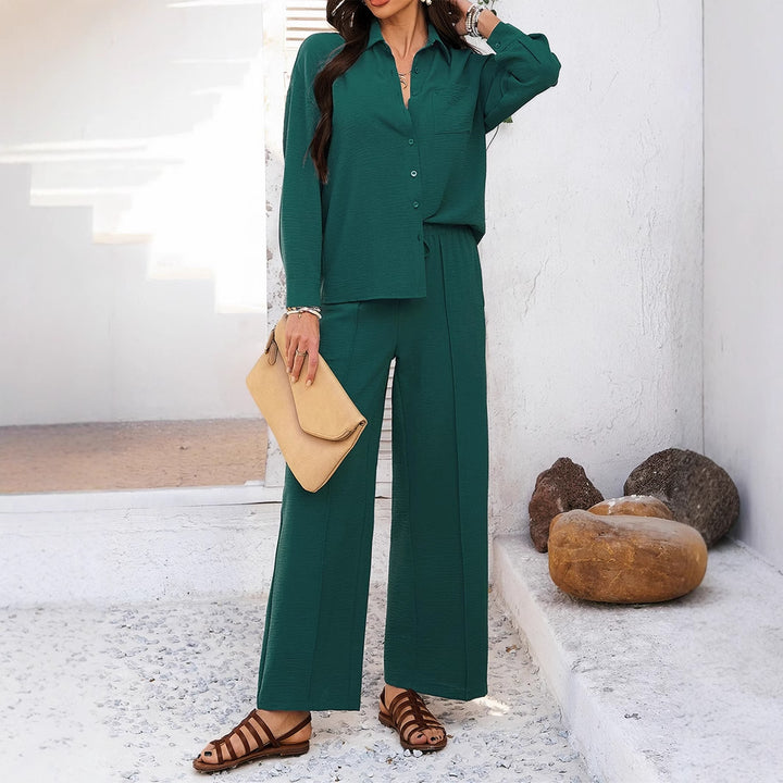 Women’s casual shirt and palazzo set with elastic drawstring waistband, chest pocket, and textured crinkle quality Mune Fashion