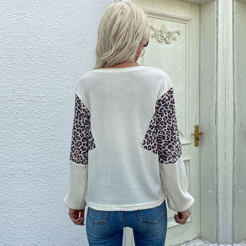 Women's Oversized Boat Neck Waffle Knit Sweater with Leopard Block Inserts Mune Fashion