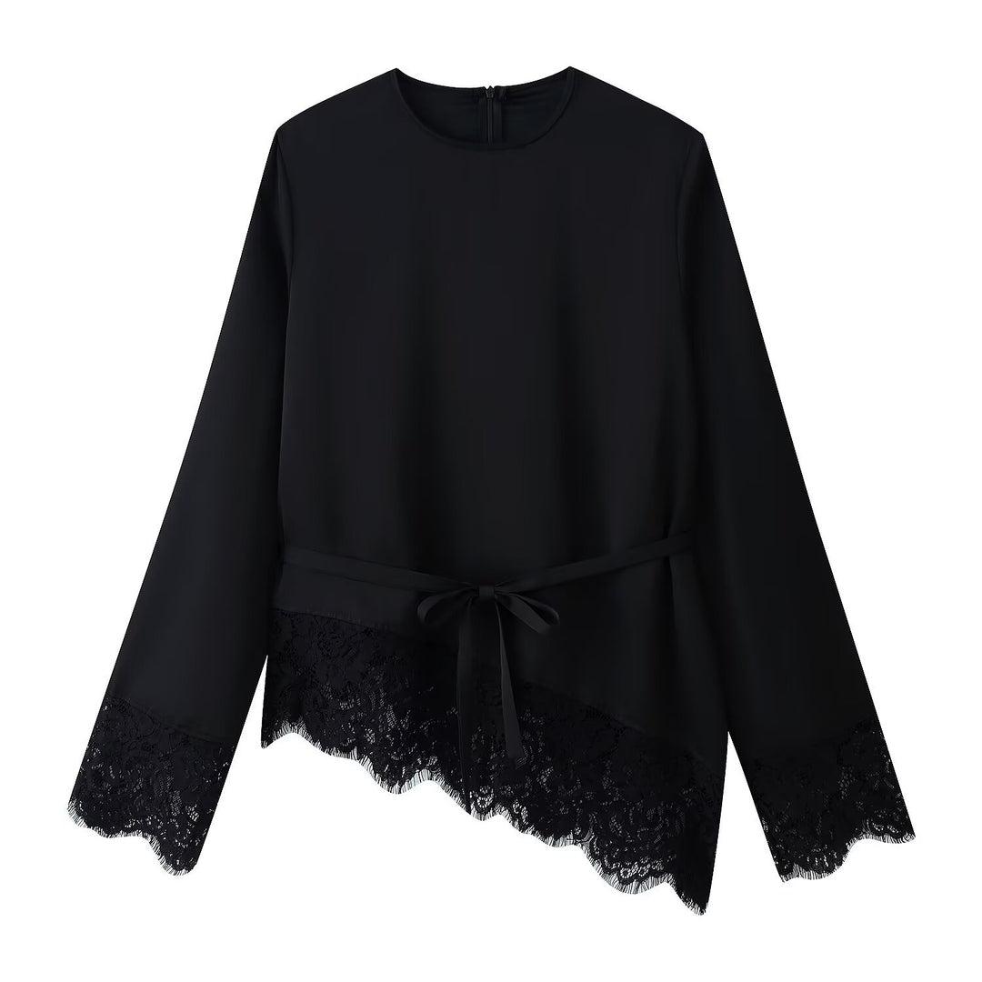 Women's 50+ elegant chiffon blouse with lace trim and waistband Mune Fashion