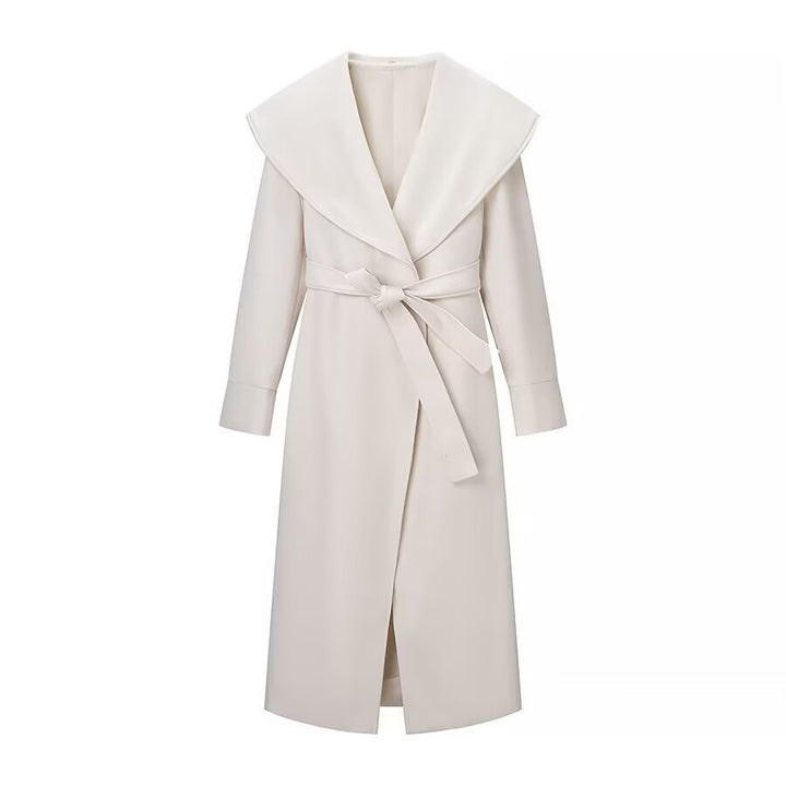 Women Elegant Coat with Oversized Shawl Collar and Tied Belt Mune Fashion