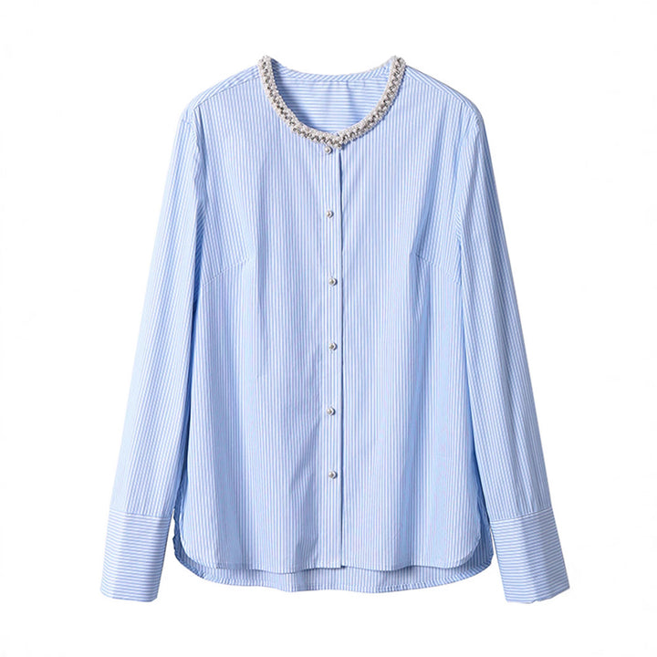 Women Striped Blouse with Beaded Round Neck, Hidden Button Placket and Extra Long Cuffs Mune Fashion