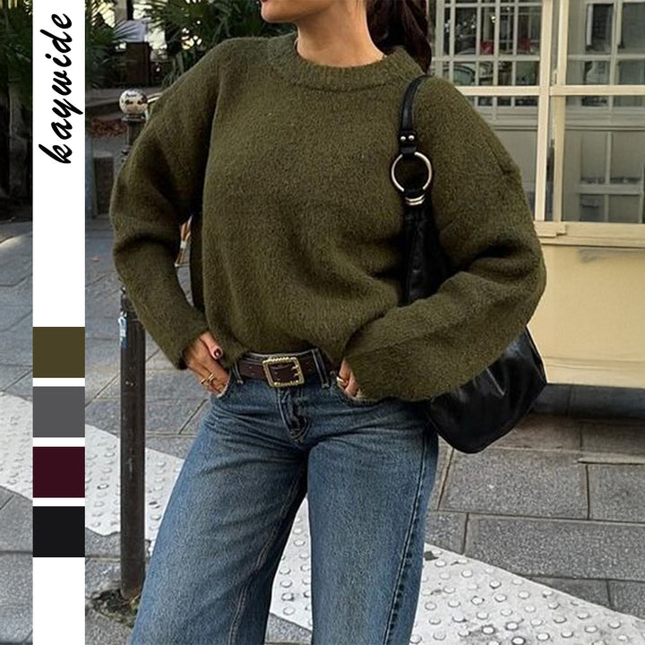 Women's cozy oversized knit pullover with round neckline and voluminous balloon sleeves Mune Fashion