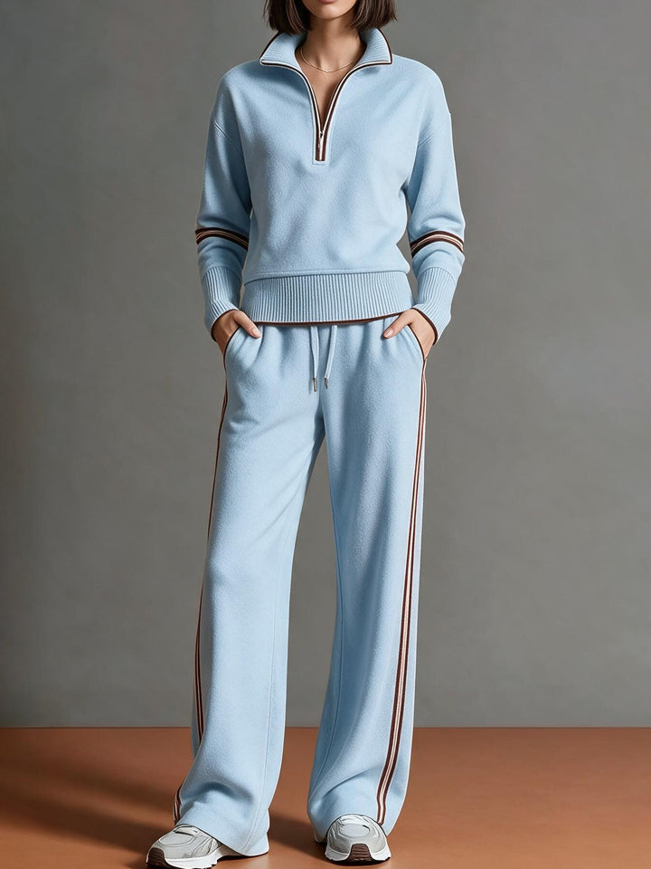 Women's Comfortable Knit Jogging Set with Stand-Up Collar, Half Zipper and Contrast Stripes Mune Fashion