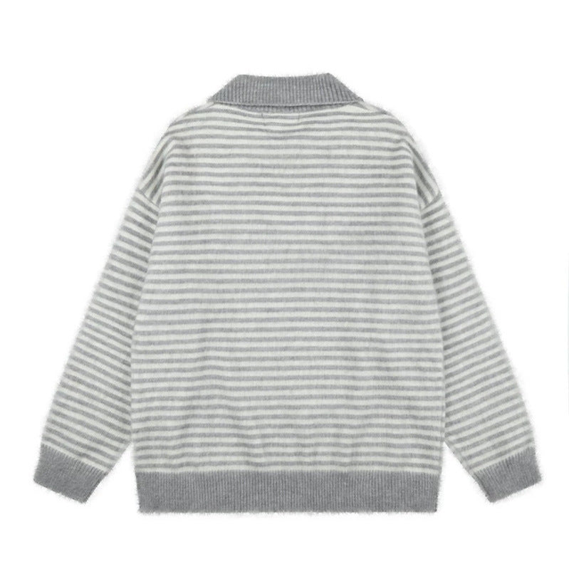 Women's Fluffy Knit Polo with Stripes, Contrasting Collar and Button Placket Mune Fashion