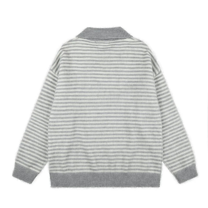 Women's Fluffy Knit Polo with Stripes, Contrasting Collar and Button Placket Mune Fashion