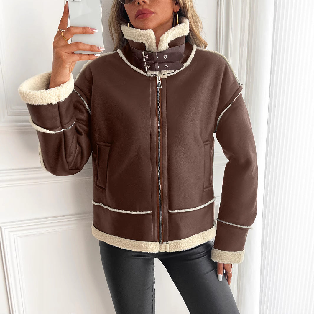 Women’s Stylish Faux Leather Jacket with Teddy Lining