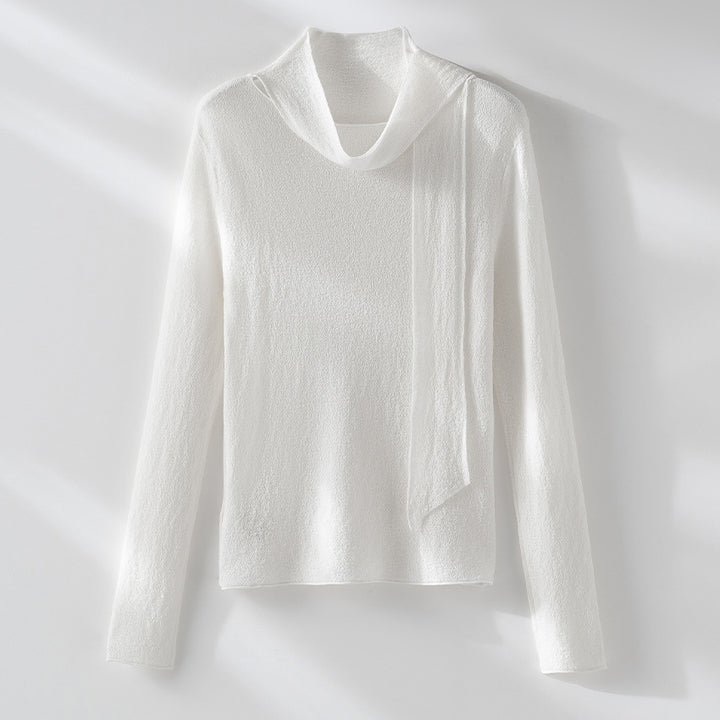 Women Fine Fine Knit Sweater with Shawl Collar and Asymmetric Loop Detail Mune Fashion