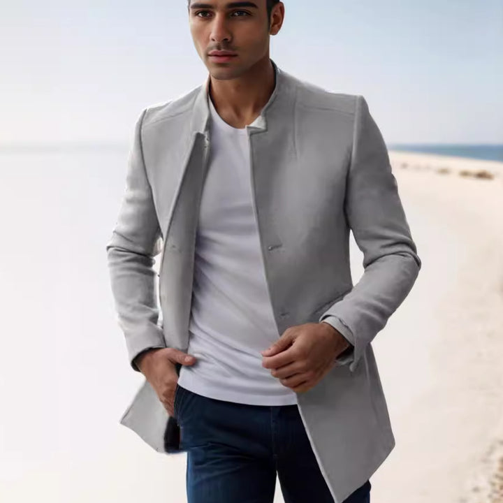 Men's Stand-Up Collar Longline Coat in Slim Fit with Hidden Button Placket Mune Fashion