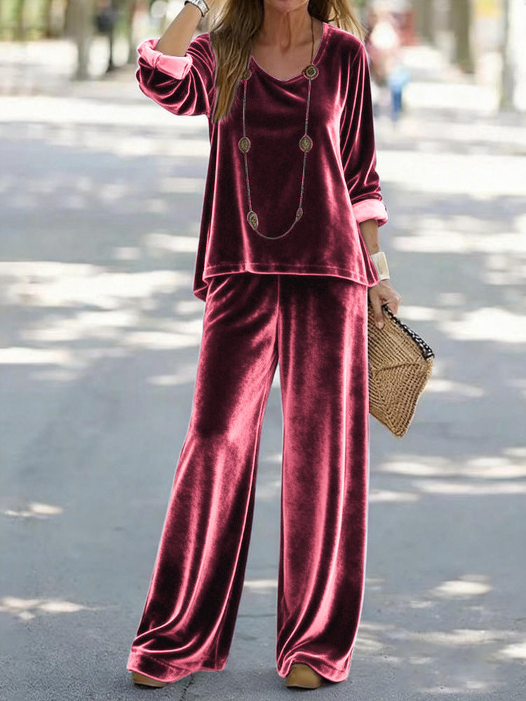 Women's Elegant Velvet Two-Piece Lounge Set with V-Neck and Wide Leg