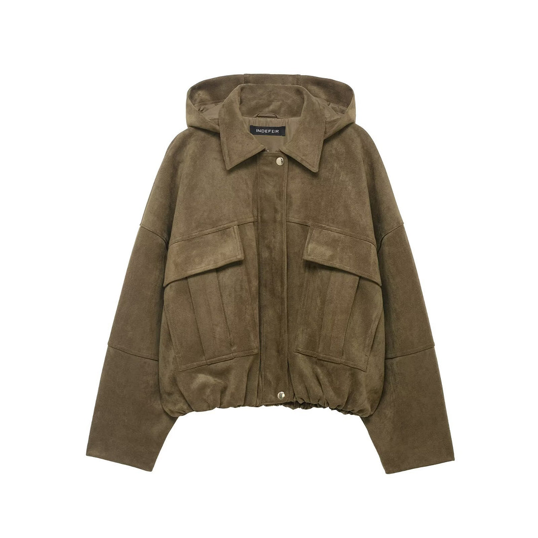 Women Oversize-Cropped Suede Look Jacket with Hood and Flap Pockets Mune Fashion