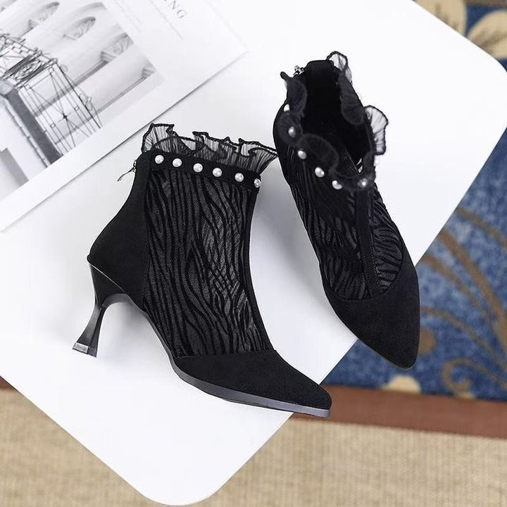Women Elegant Net Ankle Boots with Ruffle Details Mune Fashion