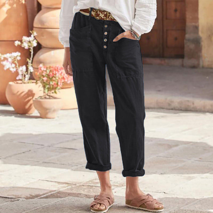 Women's linen-cotton lounge pants with wide cut, high waistband, and patch pockets Mune Fashion