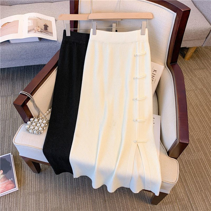 Women's Elegant Ribbed Knit Skirt with Button Details Mune Fashion