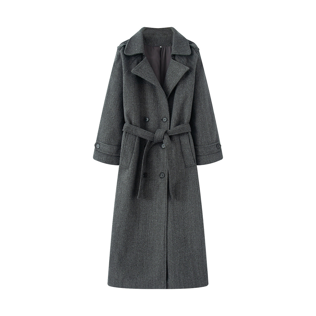 Women's longer wool blend trench coat with shawl collar, waist belt, and double-breasted button placket Mune Fashion