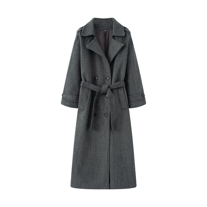 Women's longer wool blend trench coat with shawl collar, waist belt, and double-breasted button placket Mune Fashion
