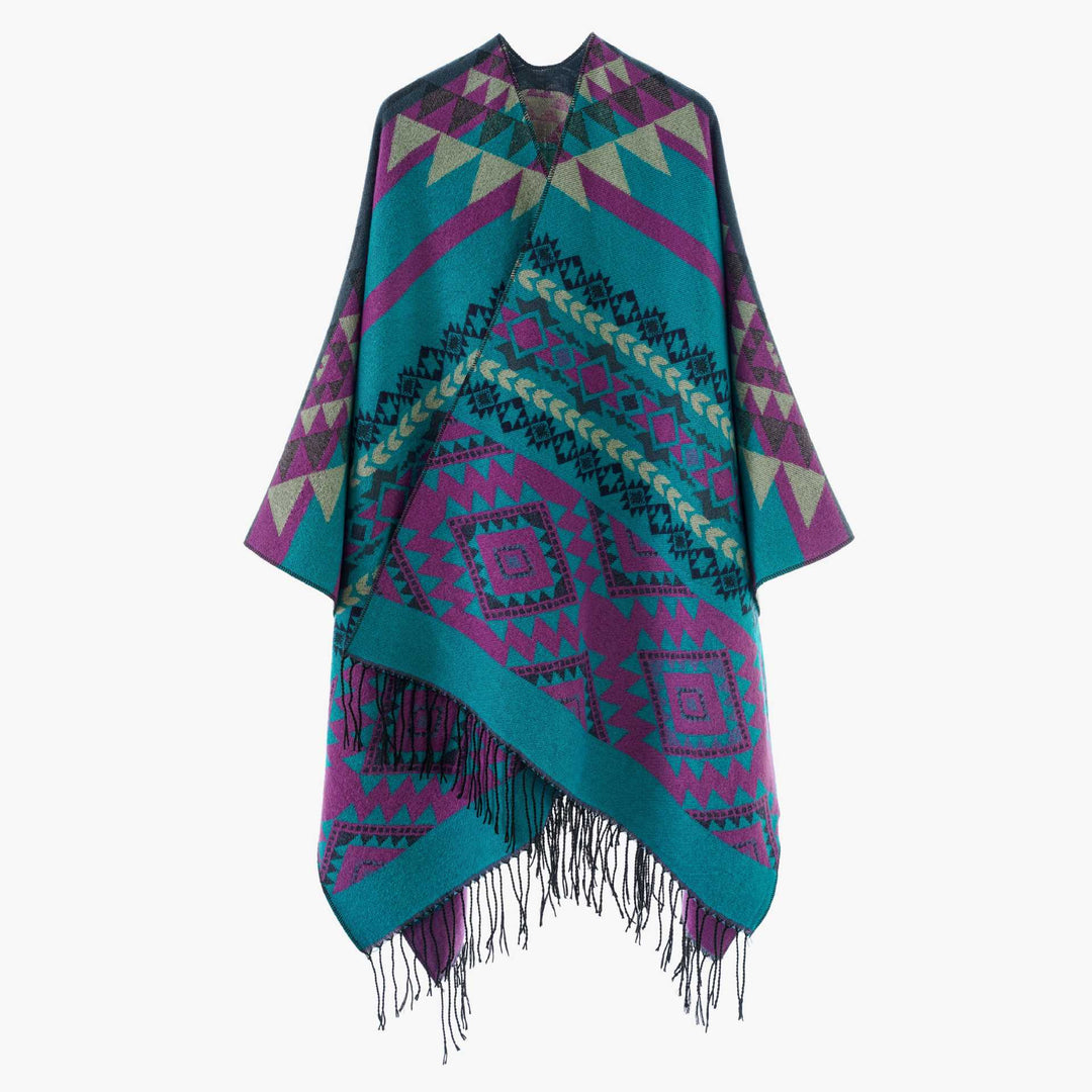 Women's Oversize Jacquard Cape in Ethno Jacquard with Fringing Mune Fashion