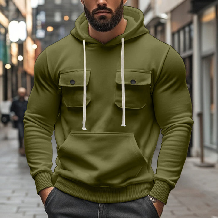 Men's sporty hoodie with patch flap pockets, kangaroo pocket, and narrow hem Mune Fashion