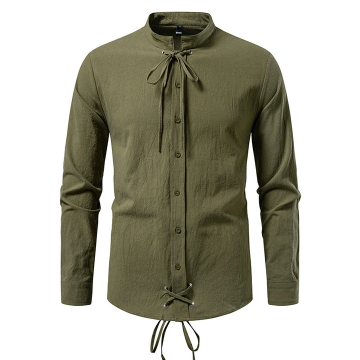 Men's Tailored Long Sleeve Shirt with Stand-Up Collar and Decorative Lacing Mune Fashion