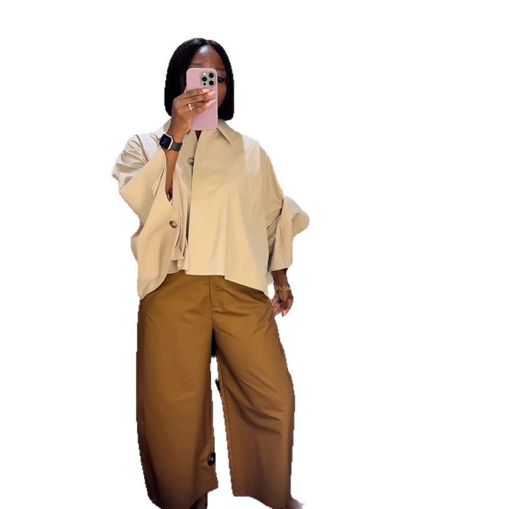 Women's Boxy Cropped Shirt Blouse with Wide Batwing Sleeve and Fine Tuck Mune Fashion