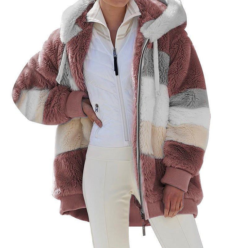 Women's oversized faux fur patchwork hooded jacket with ribbed cuffs and two-way zip Mune Fashion
