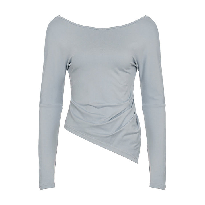 Women's asymmetrical off-shoulder long sleeve shirt with side gathering and diagonal hemline Mune Fashion