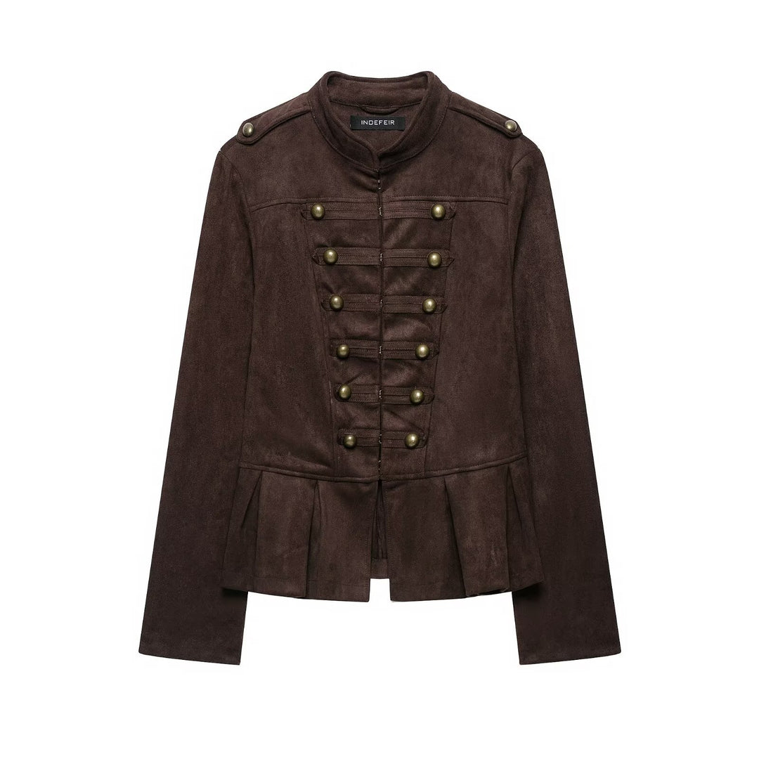 Ladies tailored jacket in musketeer style made of suede look with decorative button placket and shoulder straps Mune Fashion