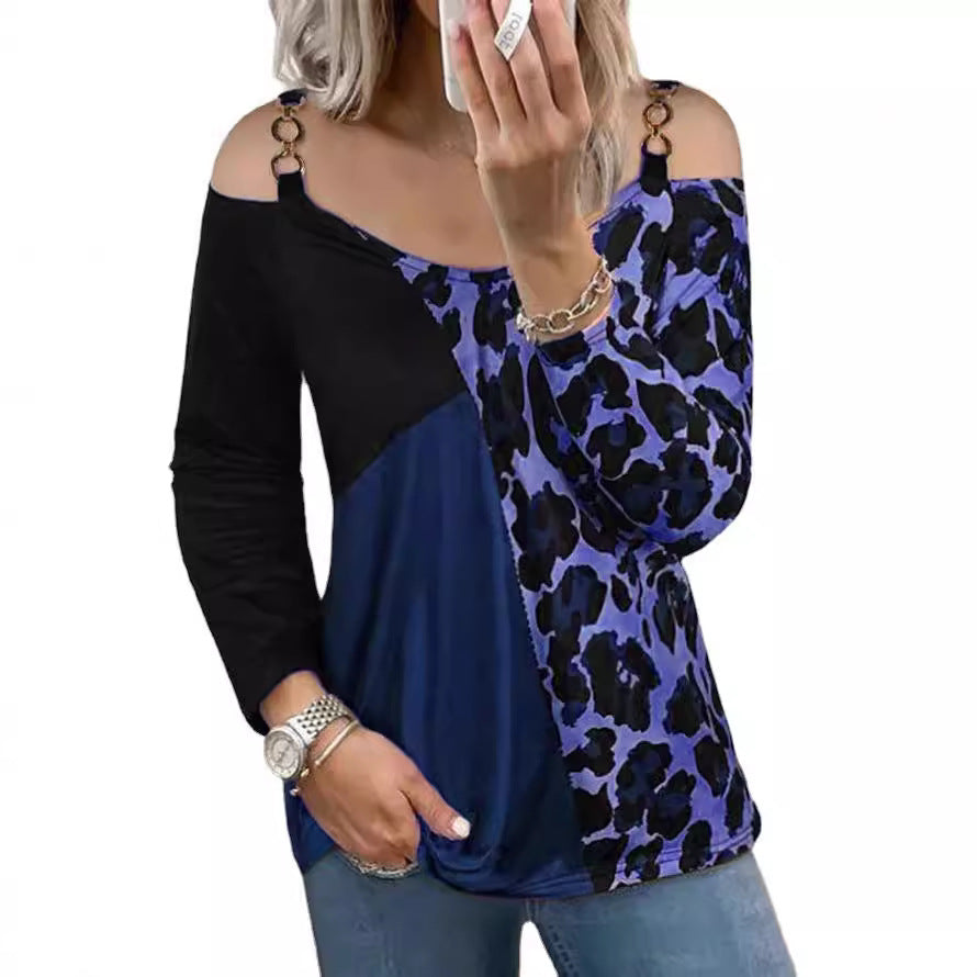 Women Off-Shoulder Patchwork Long Sleeve with Leopard Print and Ring Detail Strap Mune Fashion