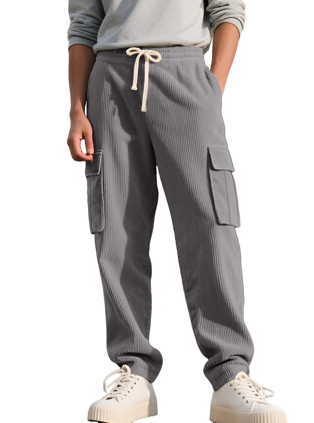 Men's casual utility cargo joggers with vertical ribbed structure, drawstring waistband, and large flap pockets Mune Fashion
