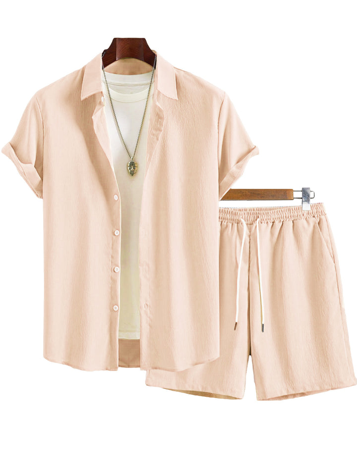 Men's Crinkle Lounge Set with Open Lapel Shirt, Integrated Short Sleeve T-Shirt, and Drawstring Bermuda Mune Fashion
