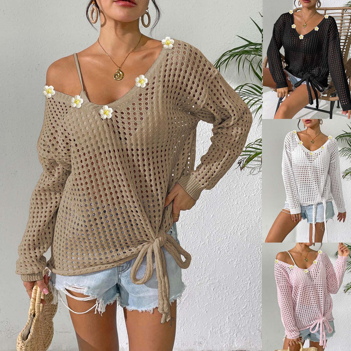 Women airy knit sweater with floral decor Mune Fashion