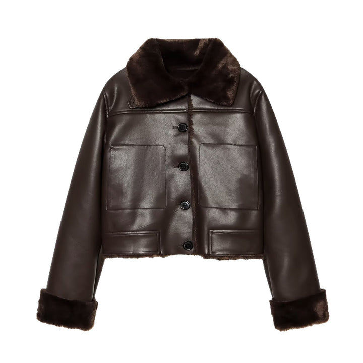Women's short jacket in lambskin look with fur collar, patch pockets and button placket Mune Fashion