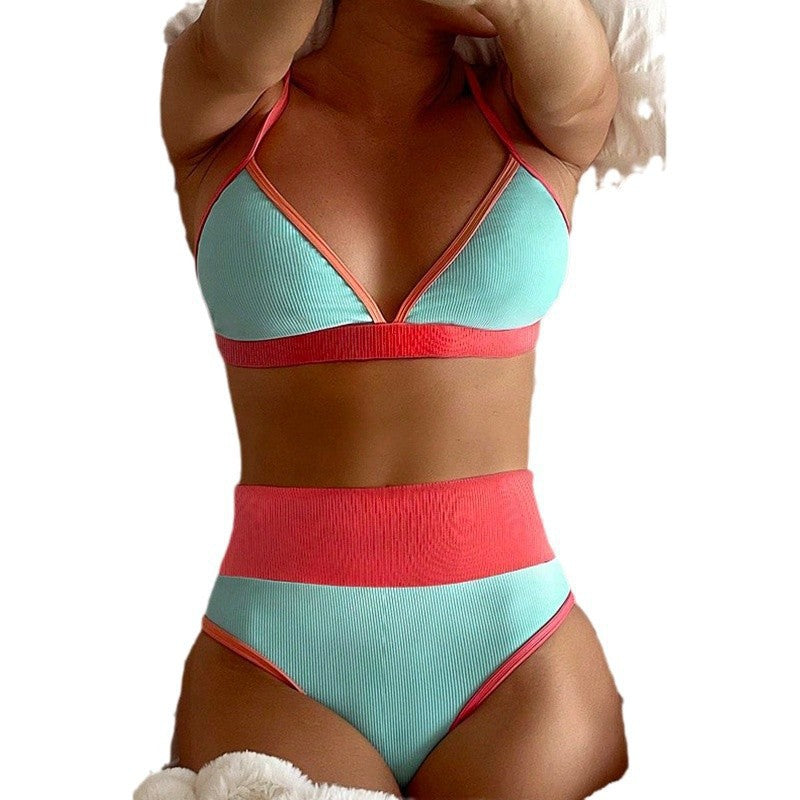 Women High-Cut Bikini Set with Trendy Color Contrast Mune Fashion