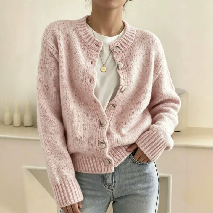 Women's chunky knit short cardigan with round neckline and marled tweed effect Mune Fashion