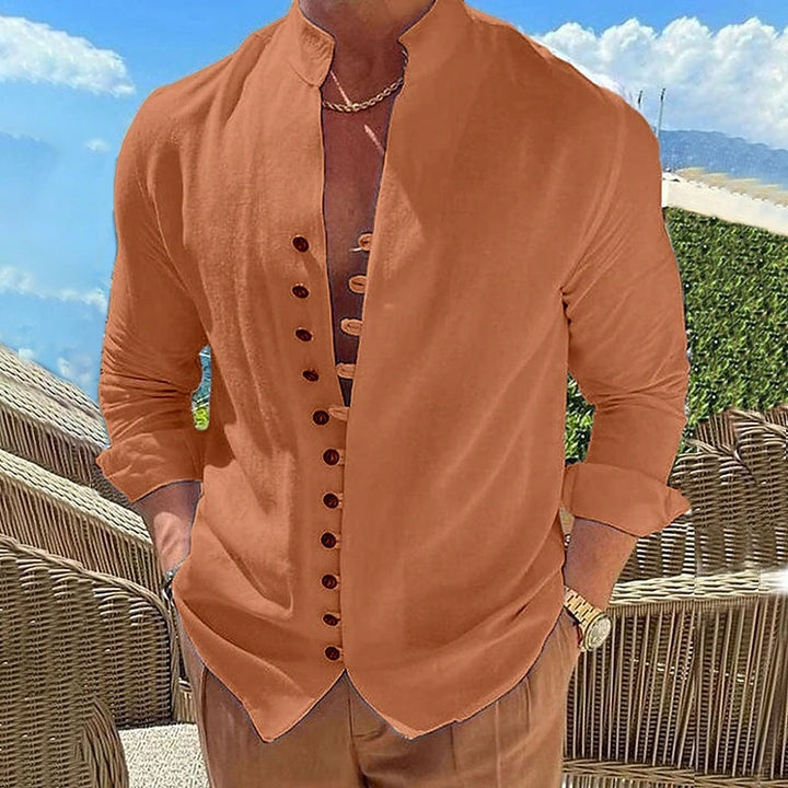 Men's linen look summer casual shirt with stand-up collar, decorative button placket, and roll-up sleeves Mune Fashion