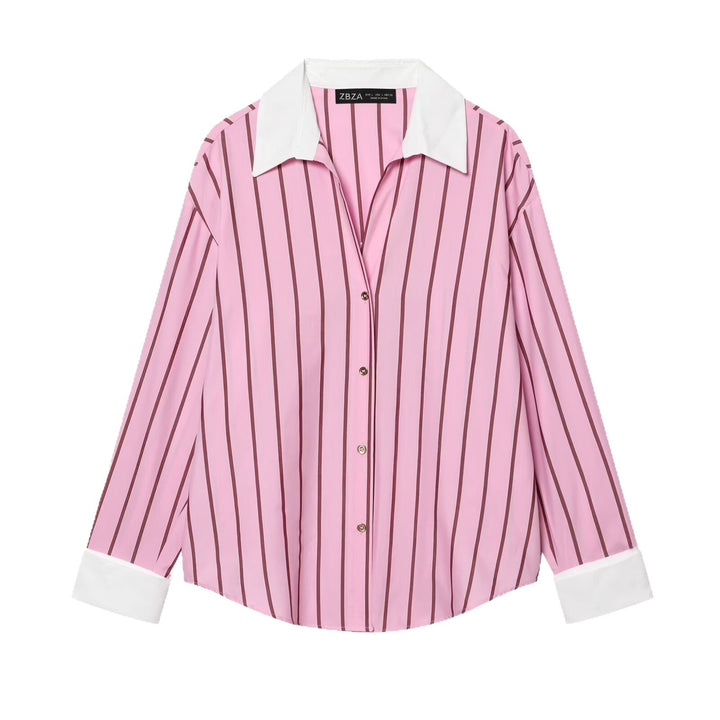 Women Striped Oversized Blouse with Contrast Collar and Cuffs Mune Fashion