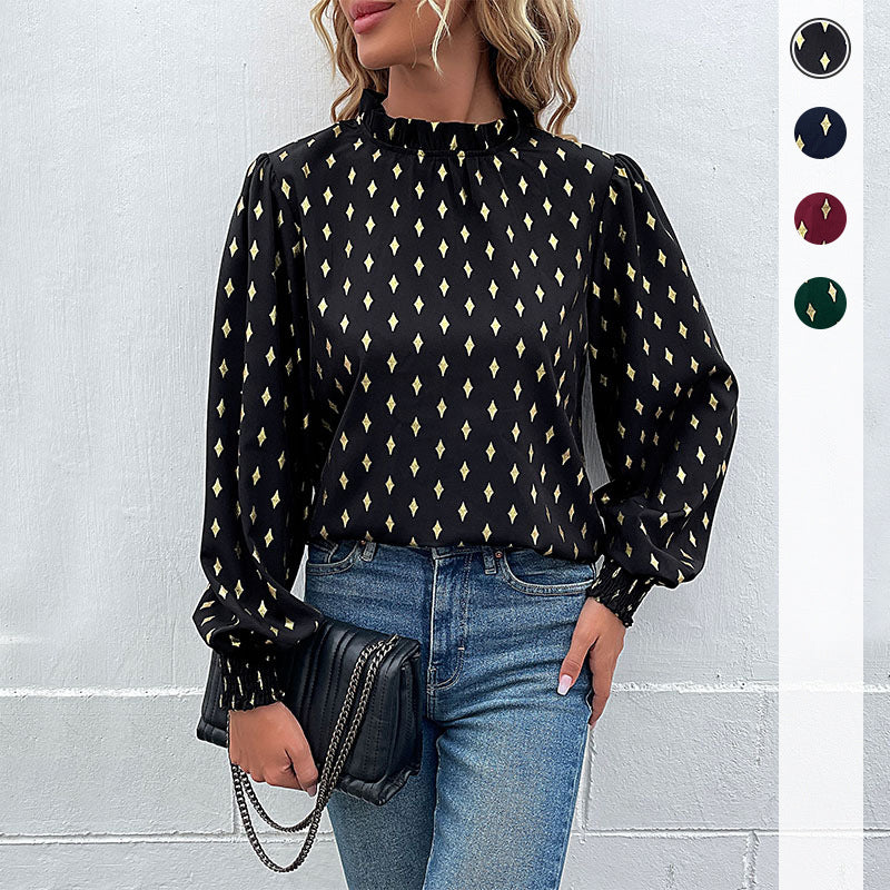 Women's Elegant Ruffled Stand Collar Blouse with Puff Sleeves and Smocking Cuffs Mune Fashion