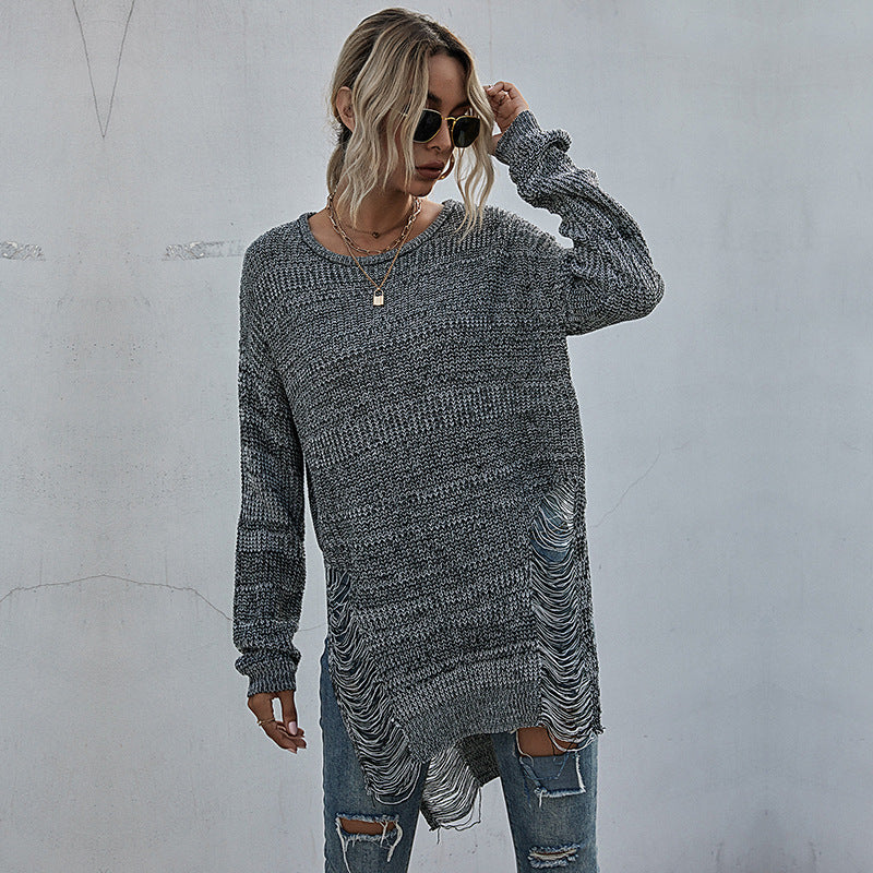 Women Oversized Long Sweater with Fringe Slits and High-Low Hem Mune Fashion