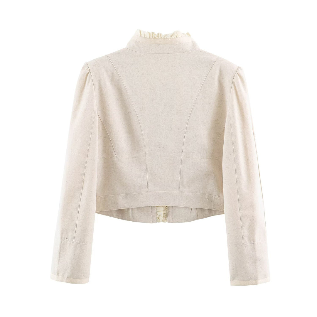Women's Cropped Tailored Jacket with Stand-Up Collar Ruffle Trim and Decorative Buttons Mune Fashion