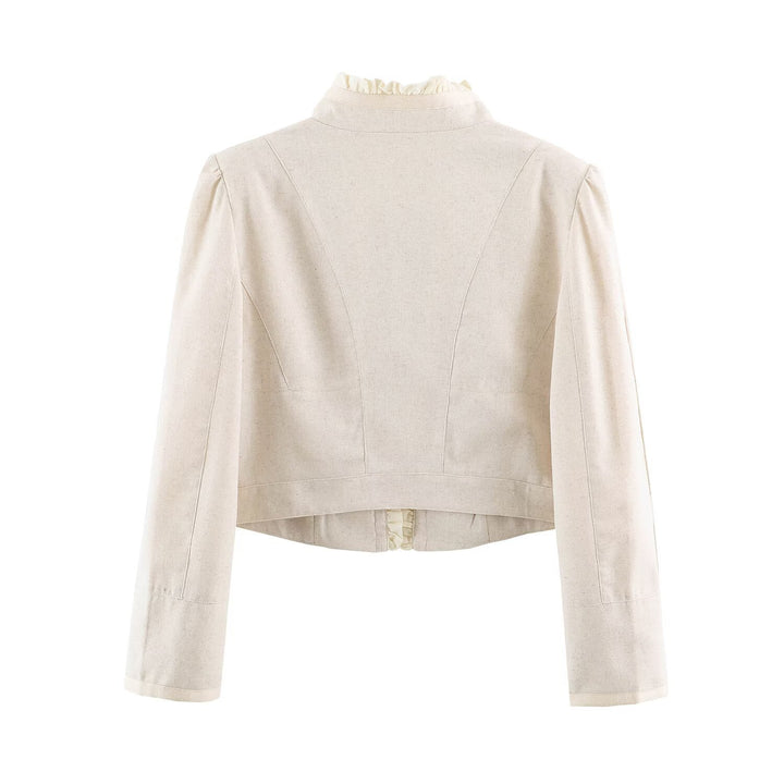 Women's Cropped Tailored Jacket with Stand-Up Collar Ruffle Trim and Decorative Buttons Mune Fashion