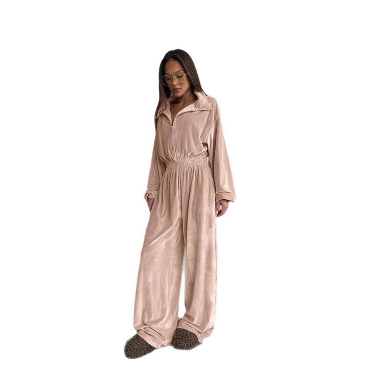 Women's velvet jumpsuit with wide leg, elastic waistband, and stand collar Mune Fashion