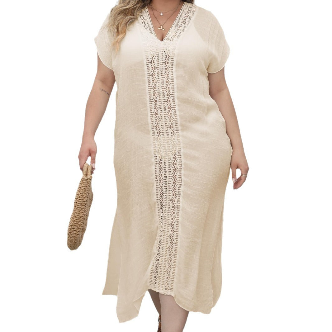 Ladies elegant maxi kaftan with generous V-neckline and delicate crochet accents Mune Fashion