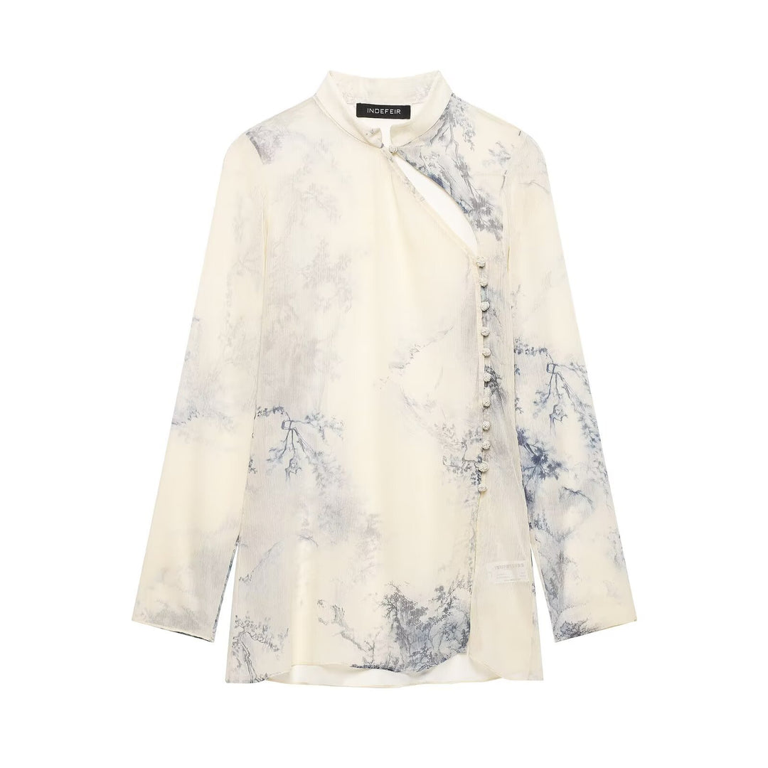 Women Silk Look Chiffon Blouse with Stand-up Collar and Asymmetrical Knot Button Placket Mune Fashion