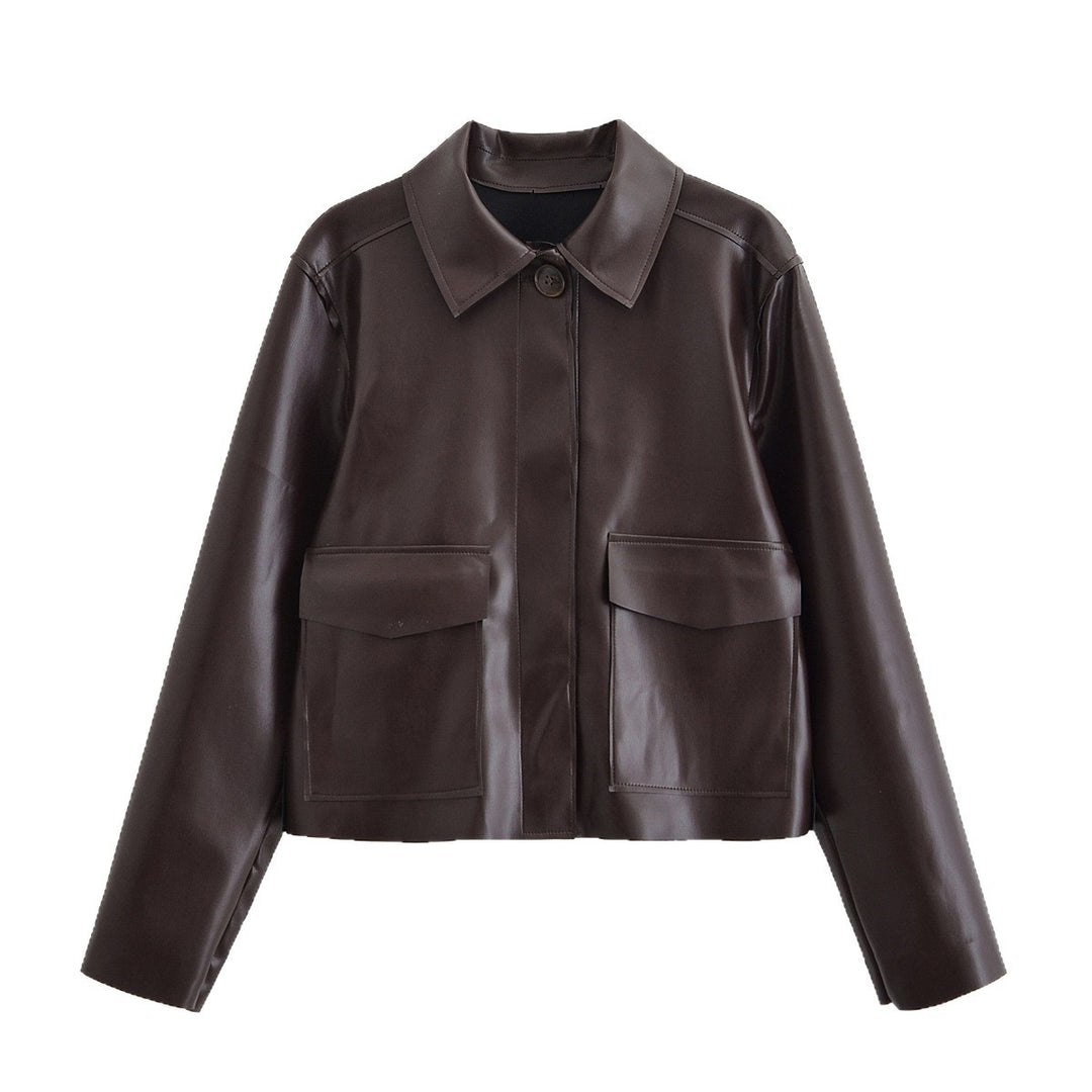 Women Short Boxy Leather-Look Jacket with Flap Pockets and Shirt Collar Mune Fashion