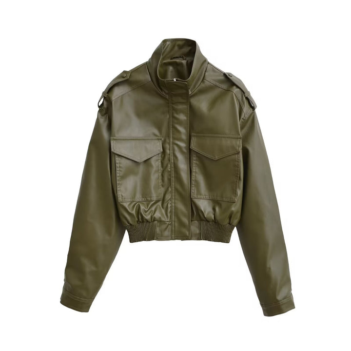 Women's Short PU Leather Bomber Jacket with High Stand-Up Collar, Flap Pockets and Shoulder Epaulettes Mune Fashion