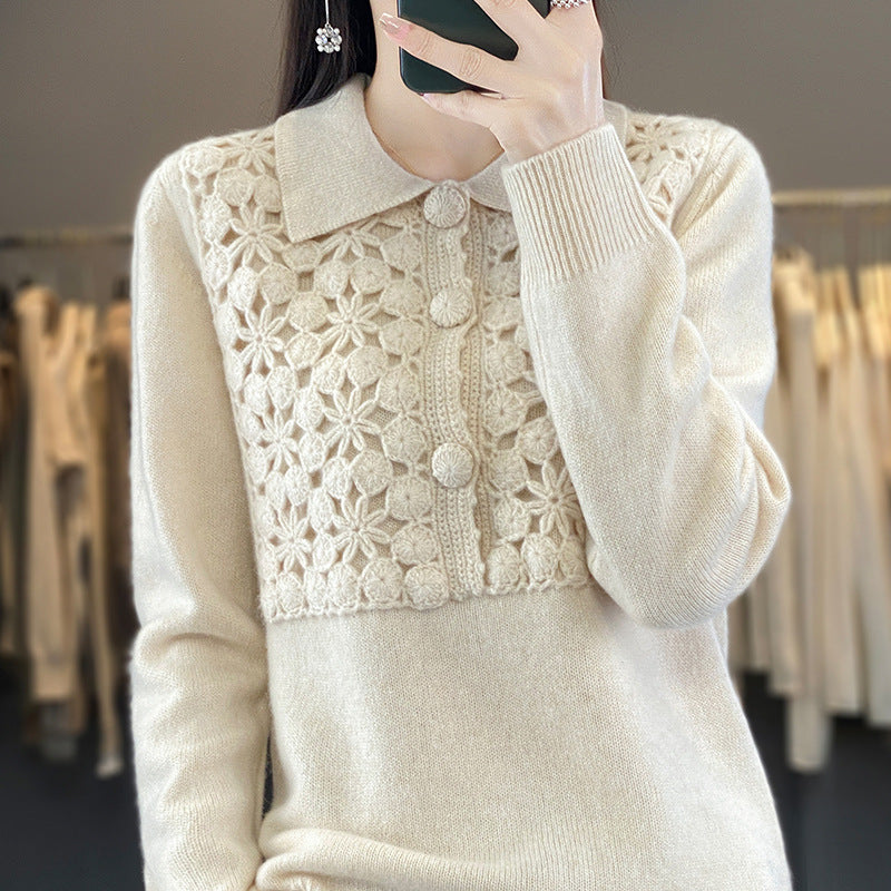 Women's knitted pullover with crocheted openwork trim and polo collar Mune Fashion