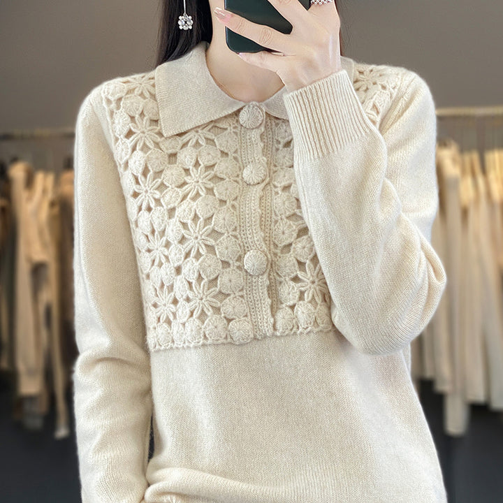 Women's knitted pullover with crocheted openwork trim and polo collar Mune Fashion