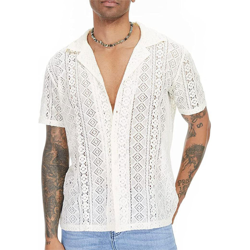 Men's airy crochet knit polo with open V-neck and Kent collar Mune Fashion