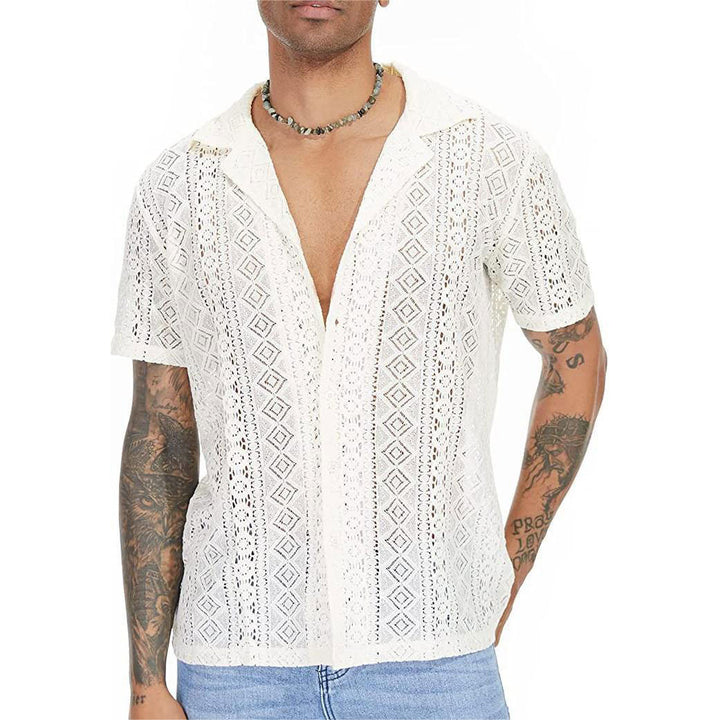 Men's airy crochet knit polo with open V-neck and Kent collar Mune Fashion