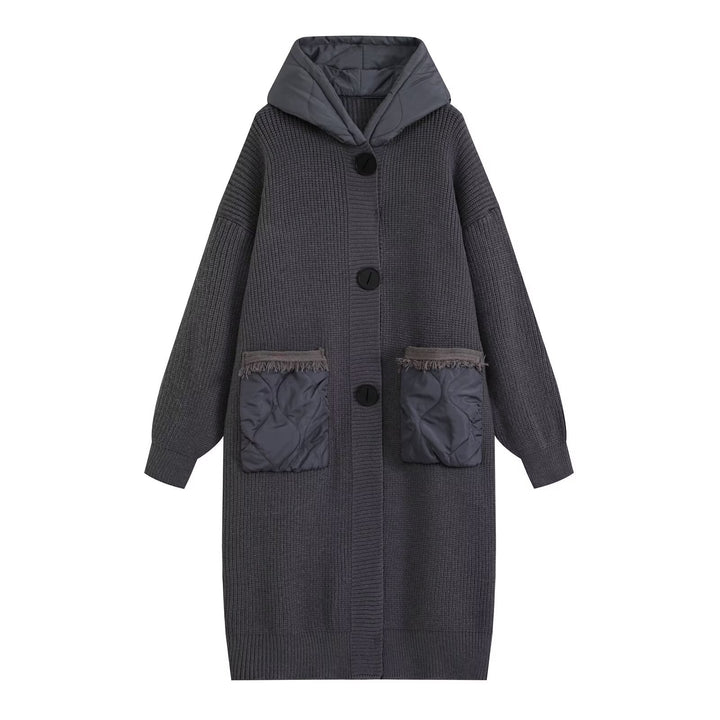 Women's Longline Chunky Knit Coat with Quilted Hood and Oversized Front Pockets Drune