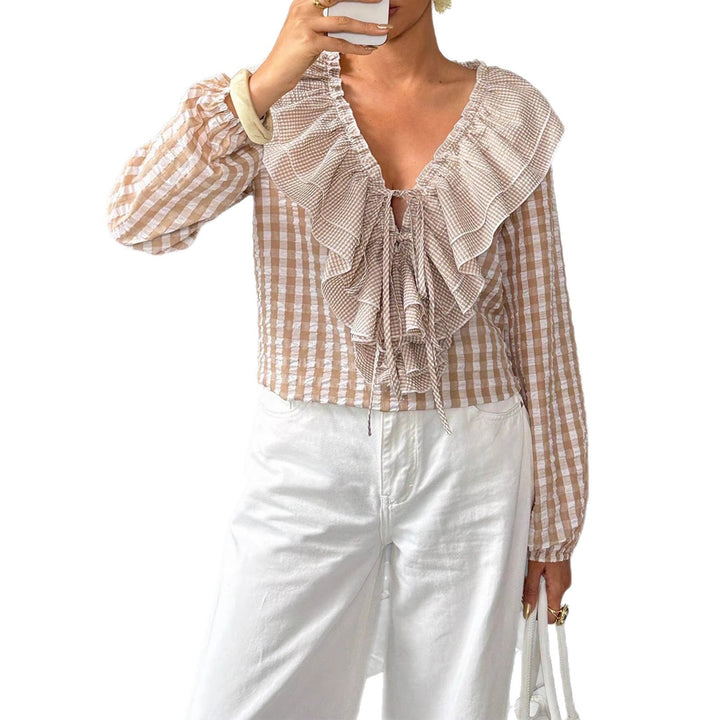 Women's Ruffle Blouse with Deep V-Neck and Ties Mune Fashion